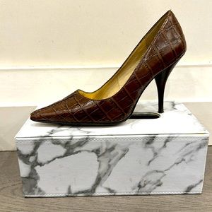 Michael Kors rich brown leather snakeskin heels, gold lining.